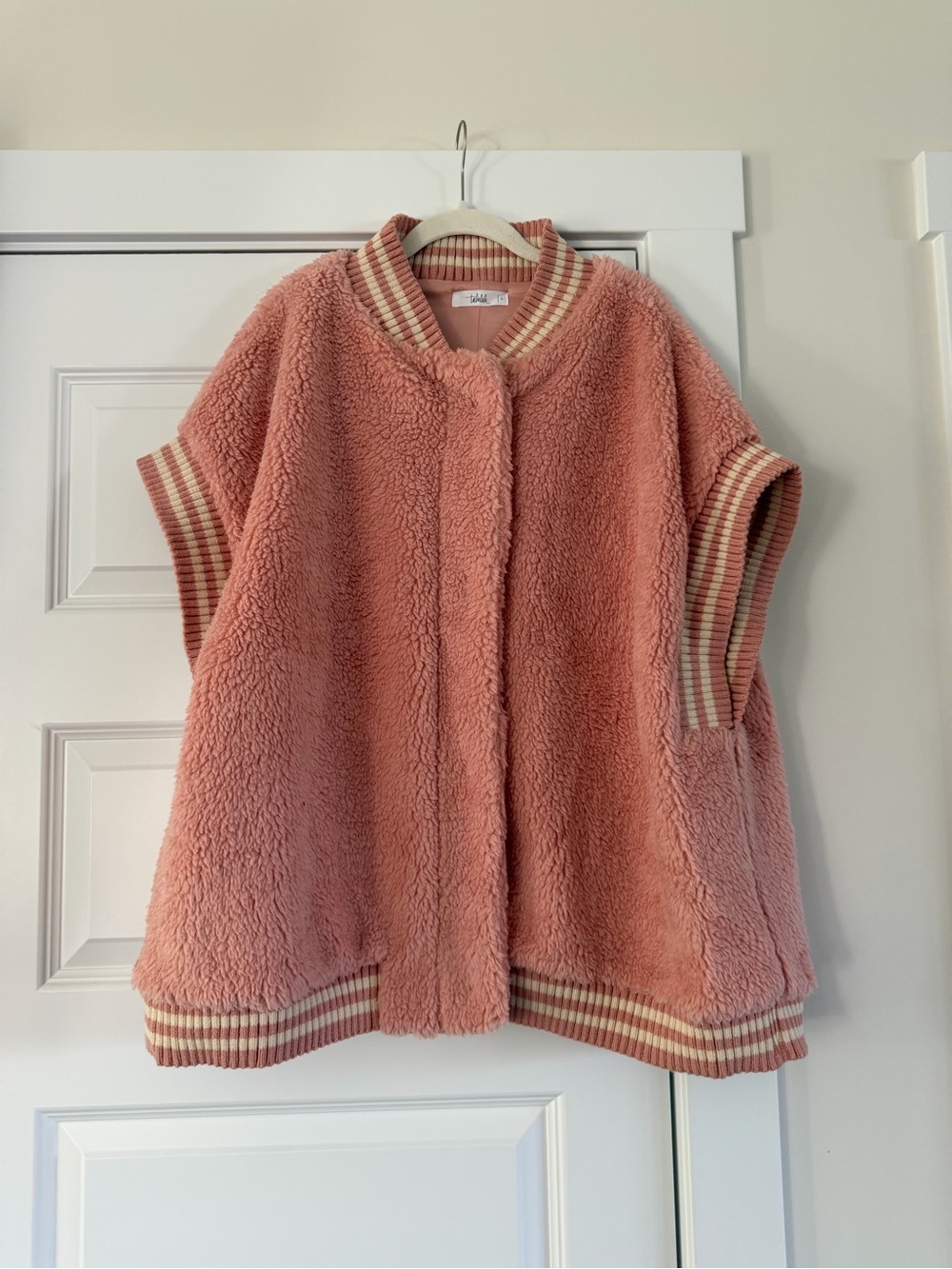 TALULAH Blush Pink Sherpa Cape with Striped Trim